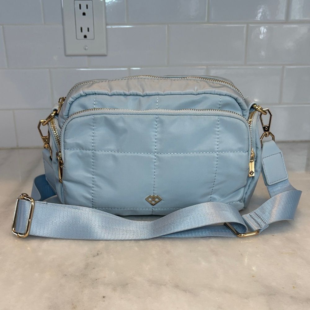 IZIA Style Light Blue Nylon Quilted Puffer Crossbody Bag with Wide Guitar Strap